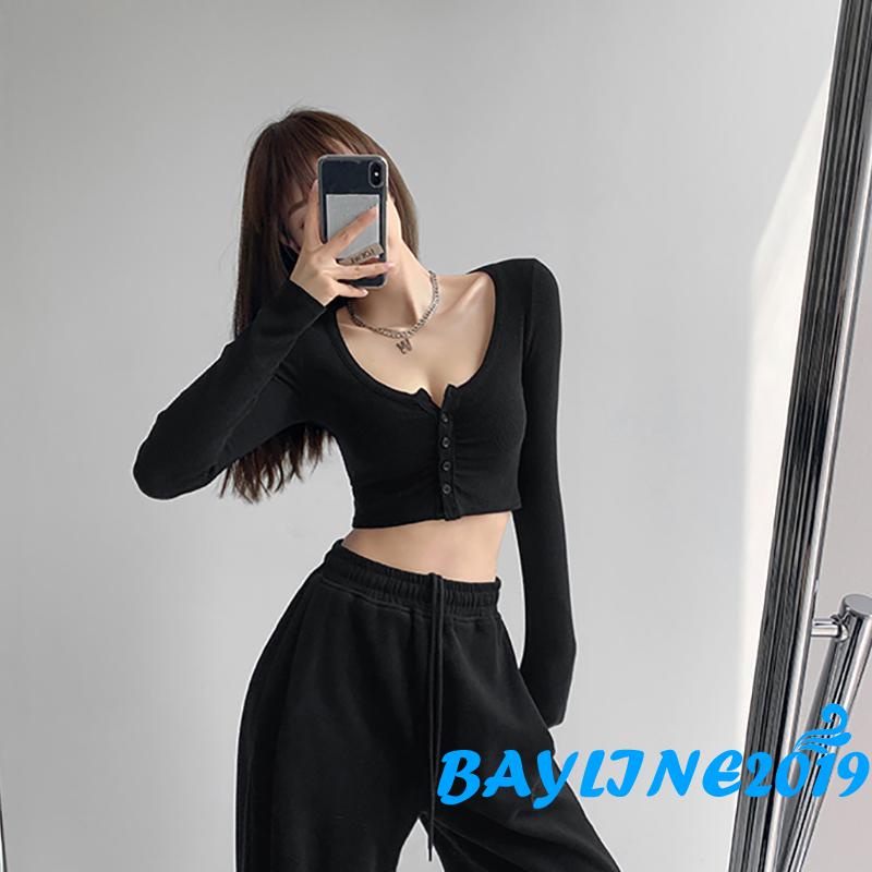 Áo croptop tay dài cổ chữ v màu sắc thời trang cho nữ