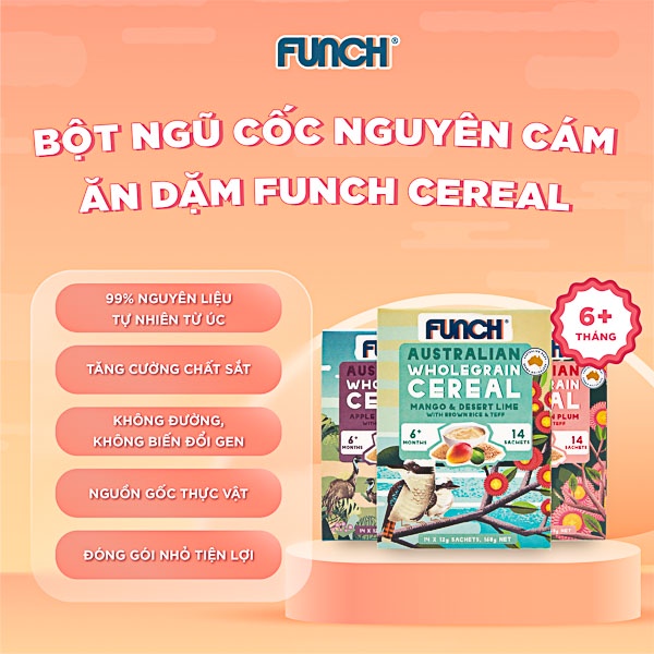 (Combo Tết) Set 04 Trái Cây Nghiền,  01 Dầu Hạt, 06 Bột Ăn Dặm Funch Úc Tặng yếm ăn dặm và set 2 thìa ăn dặm