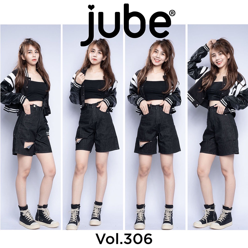 Quần Ngố Jean Nữ Lưng Cao Rách Có Đai Lưng JUBE Vol.306, Quần Lửng Nữ Lai Cuốn Jean Không Co Giãn BST Good Girl Gone Bad