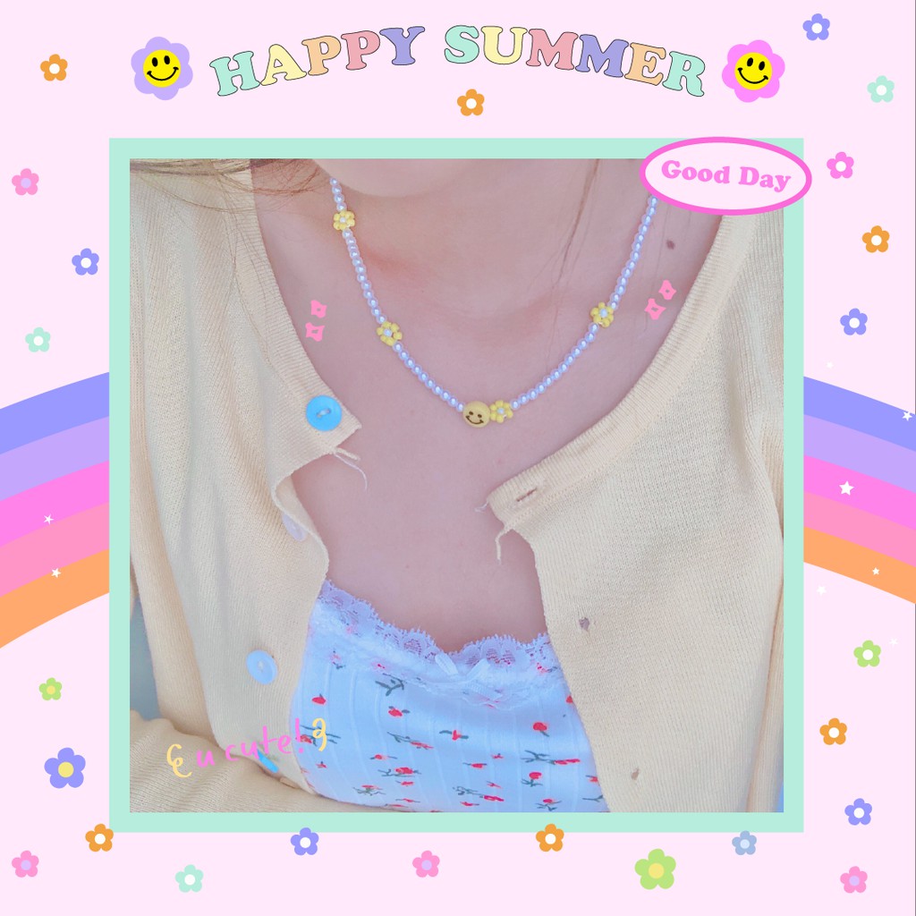 HAPPY FLOWER NECKLACE dây chuyền hạt cườm trắng hình mặt cười dễ thương