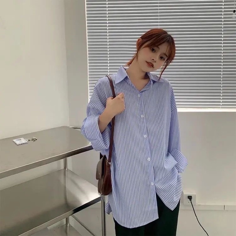 Áo sơ ki tay dài dáng rộng kẻ sọc màu xanh dương nhạt phong cách Hàn Quốc, Áo sơ mi kẻ xanh tay dài loại 1