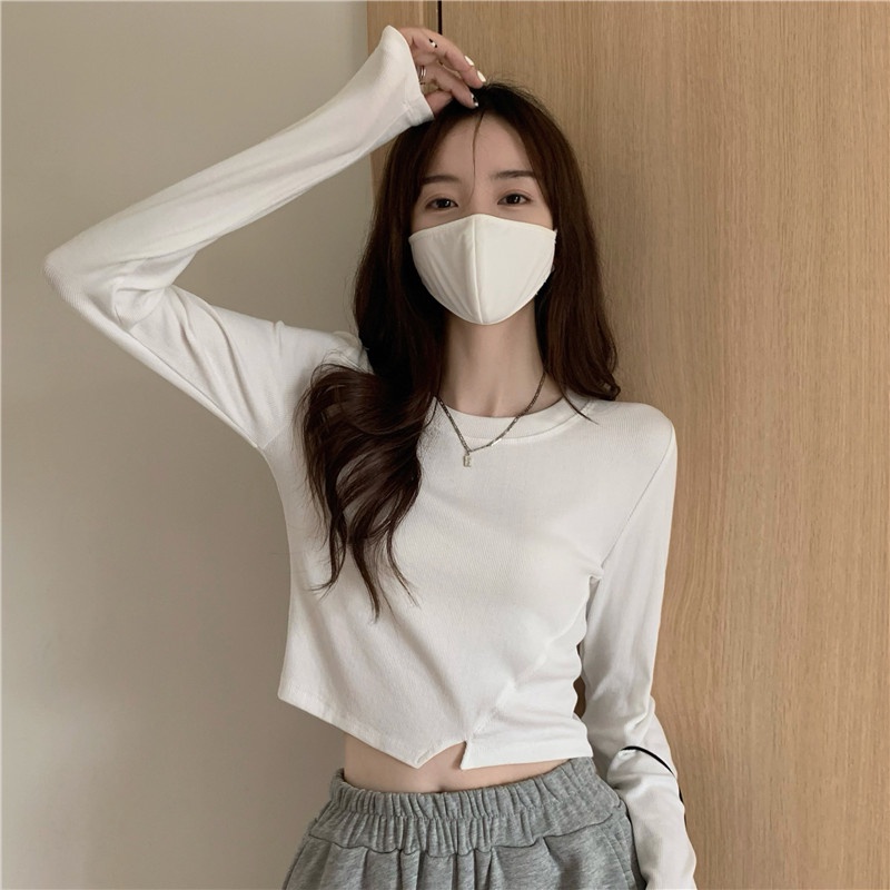 IELGY    Áo Thun Tay Dài Dáng Ngắn Lệch Tà Thời Trang Cho Nữ