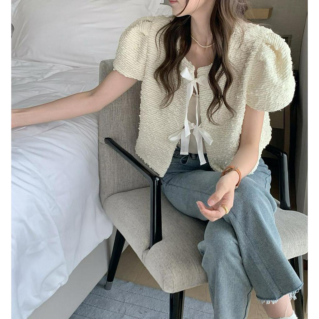 Áo Khoác Cardigan Tay Phồng Dáng Ngắn Phong Cách Retro Dễ Thương 53260