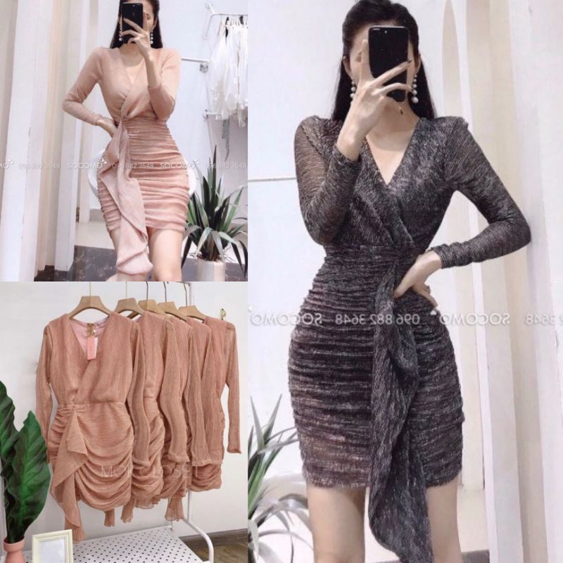 ĐẦM BODY NHŨ KIM TUYẾN DẬP LY (SIZE S-M-L-XL) tay dài cổ V đắp chéo eo nhúng bèo HÀNG THIẾT KẾ