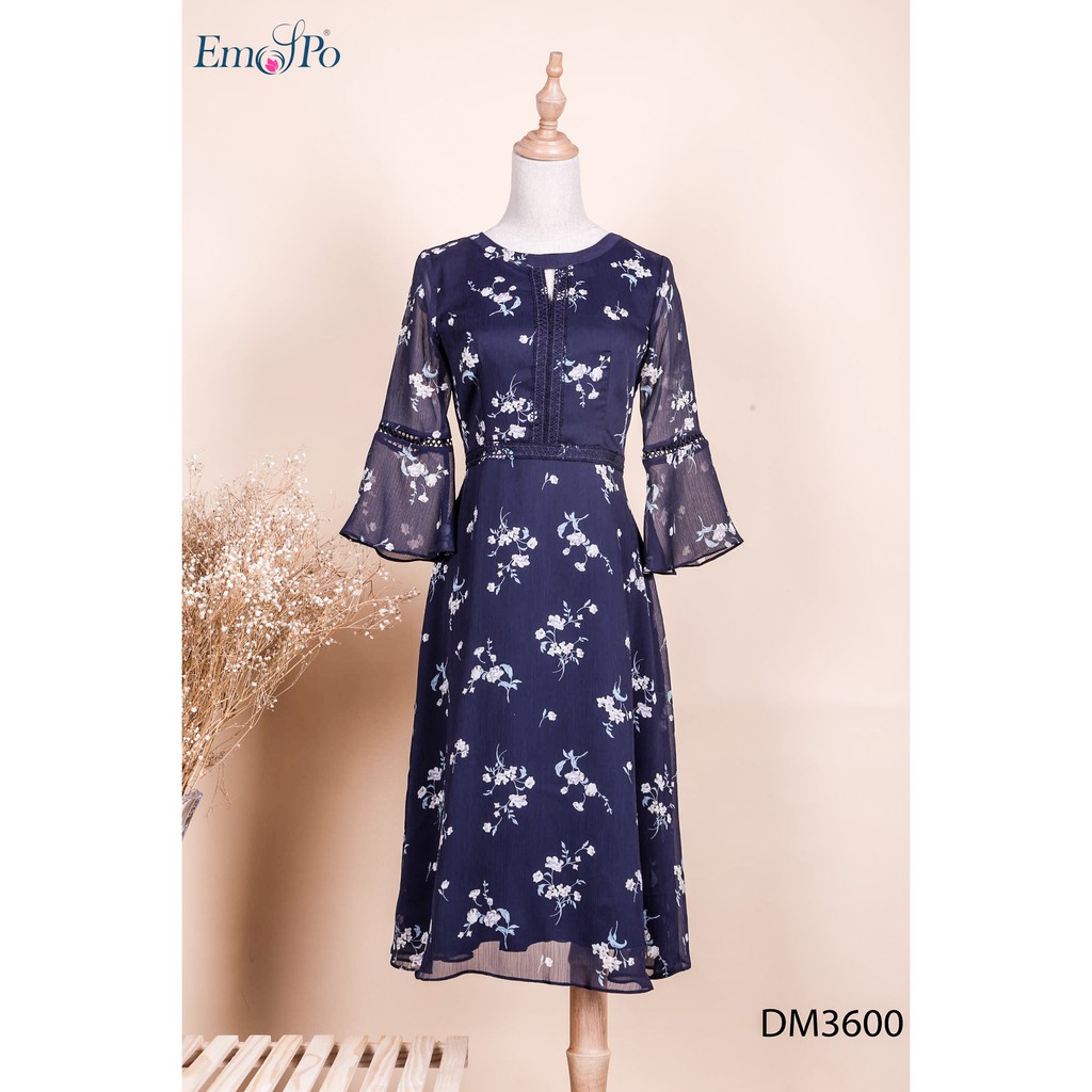Đầm cổ tròn, tay lửng xòe Emspo DM3600 (Trắng, Tím than)