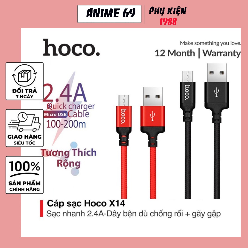 Cáp Sạc Nhanh Hoco X14 Micro USB (1m/2m) Chính Hãng - Dây Sạc Cho Android
