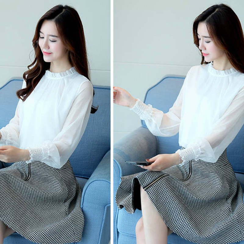 Áo Kiểu Vải Voan Tay Dài Dáng Rộng Phối Lưới Màu Trắng Thời Trang Hàn Quốc Quyến Rũ Cho Nữ Size S-2xl