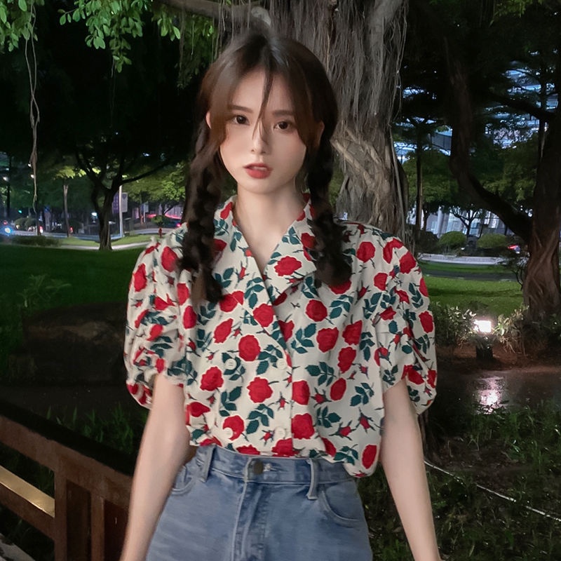 Áo Sơ Mi Tay Ngắn Phồng Họa Tiết Hoa Thời Trang Mùa Hè Cho Nữ