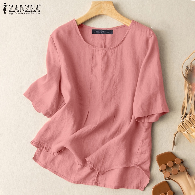 ZANZEA Áo Thun Nữ Ngắn Tay Cổ Tròn Vạt Không Đều Thời Trang