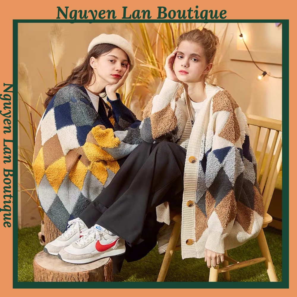 Áo khoác len Cardigan dài tay hàng Quảng Châu chất len dày dặn áo khoác len thu đông nữ cổ V phong cách hàn quốc ulzzang