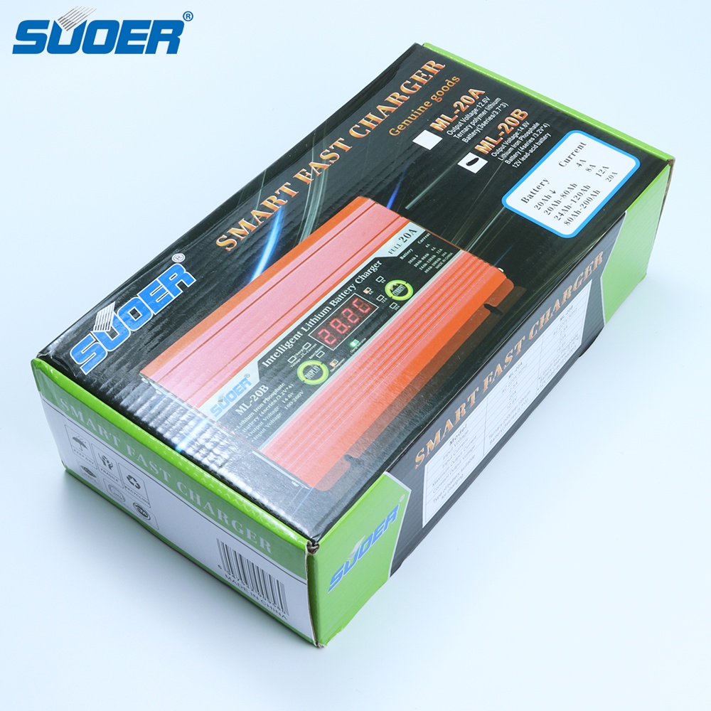 Bộ sạc Pin sắt bình ắc quy thông minh SUOER ML-20B 20A cho ắc quy axít chì 12V Pin LiFePO4 4S 12.8V 14.6V