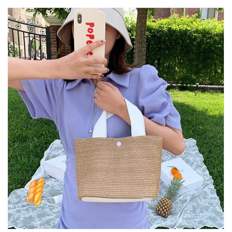 Túi Cói Đi Biển Boho Vintage Đeo Vai, Đeo Chéo Hình Vuông Chữ Nhật Dây Da Màu Trắng Đen