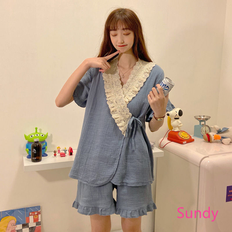 Bộ Đồ Ngủ Ngắn Tay Phối Ren Phong Cách Kimono Nhật Bản Dành Cho Nữ