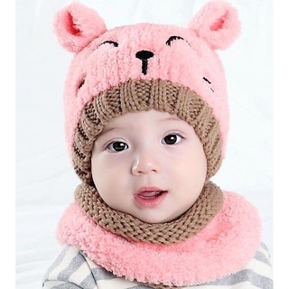 Mũ len mèo cười kèm khăn quàng cổ cho bé