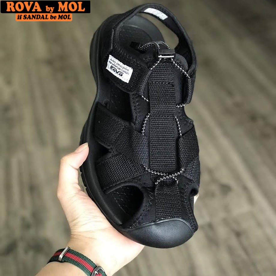 Giày sandal nam bít mũi hiệu Rova đế cao su quai dù thích hợp đi làm đi phượt đạp xe màu đen mã RV626