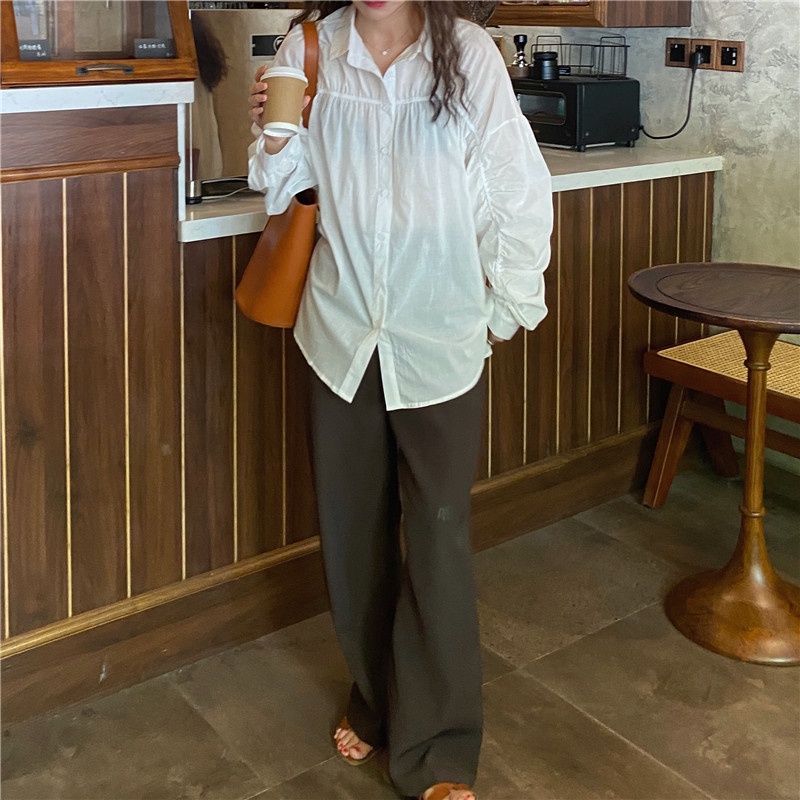 Áo sơ mi cổ polo tay dài xếp ly phong cách Hàn Quốc trẻ trung 45265