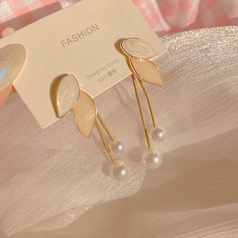 Bông Tai Dáng Dài Đính Lá Và Ngọc Trai Đơn Giản Phong Cách Hàn Quốc