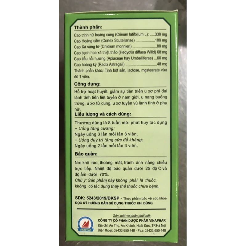 Viên uống TRINH NỮ HOÀNG CUNG  CRIMEGA Vinaphar - Hôp 60 viên -Hỗ trợ u xơ tiền liệt tuyến, u xơ vú, u nang buồng trứng