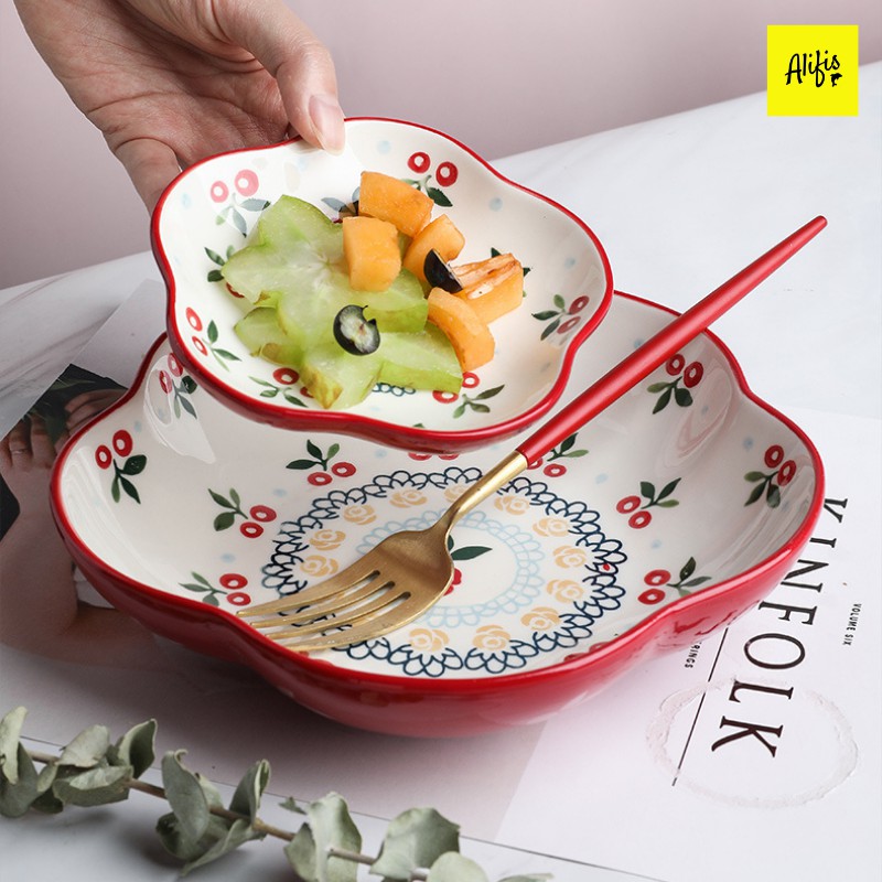 Đĩa sứ decor, tô salad trang trí họa tiết Cherry hình tròn, cách điệu cánh hoa, trái tim Alifis