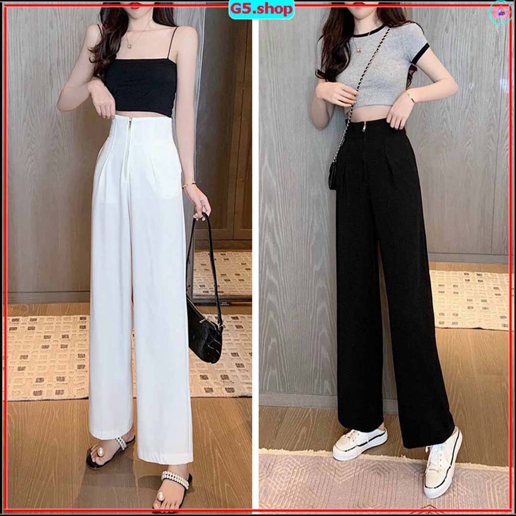 Quần nữ ống rộng lưng cao vải tuyết mưa, dáng suông dài khóa trước 2 màu đen trắng G5