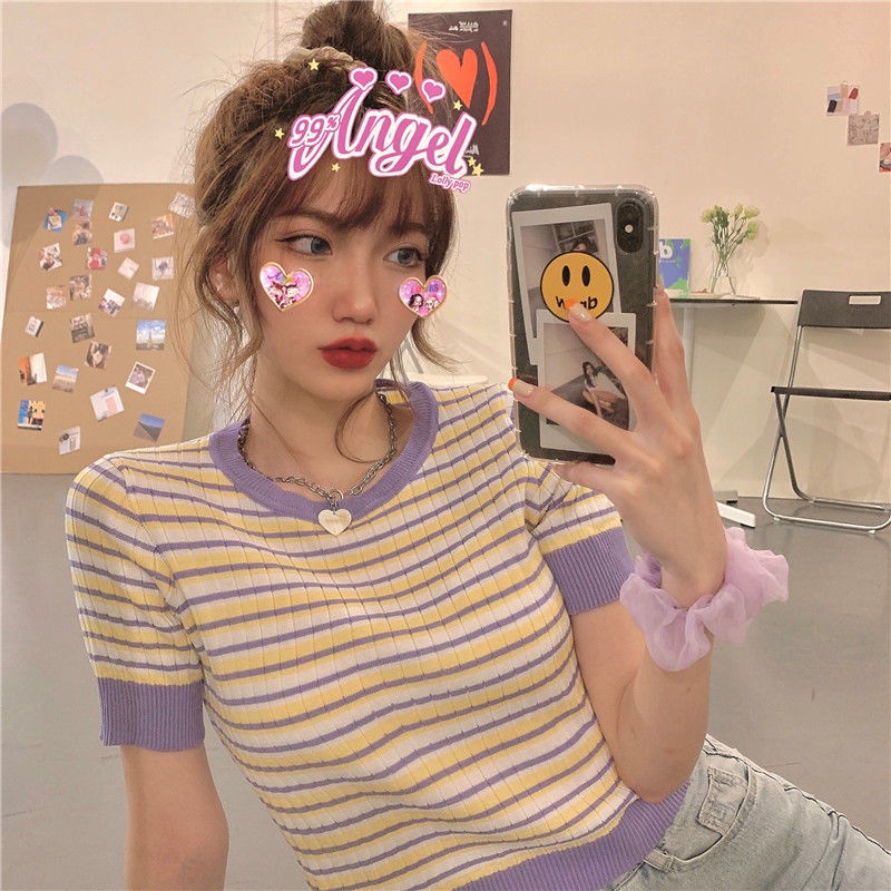 Áo thun Pure Cube tay ngắn cổ tròn họa tiết kẻ sọc phong cách Hàn Quốc thời trang mùa hè mới cho nữ