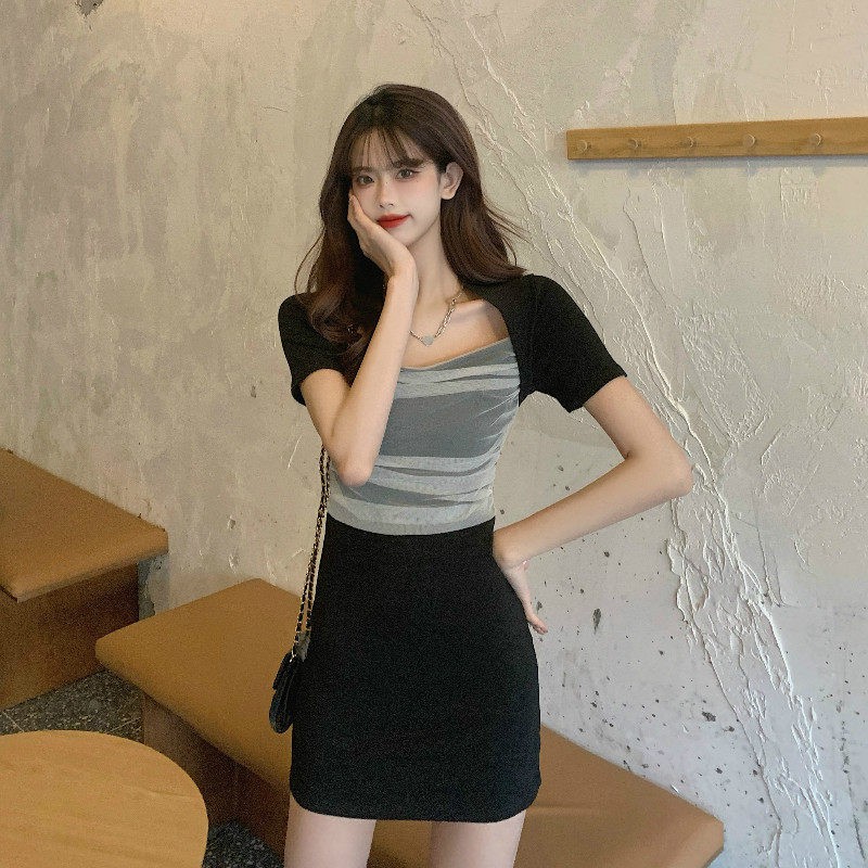 Đầm Ôm Ngắn Tay Phối Lưới Xuyên Thấu Quyến Rũ Dành Cho Nữ