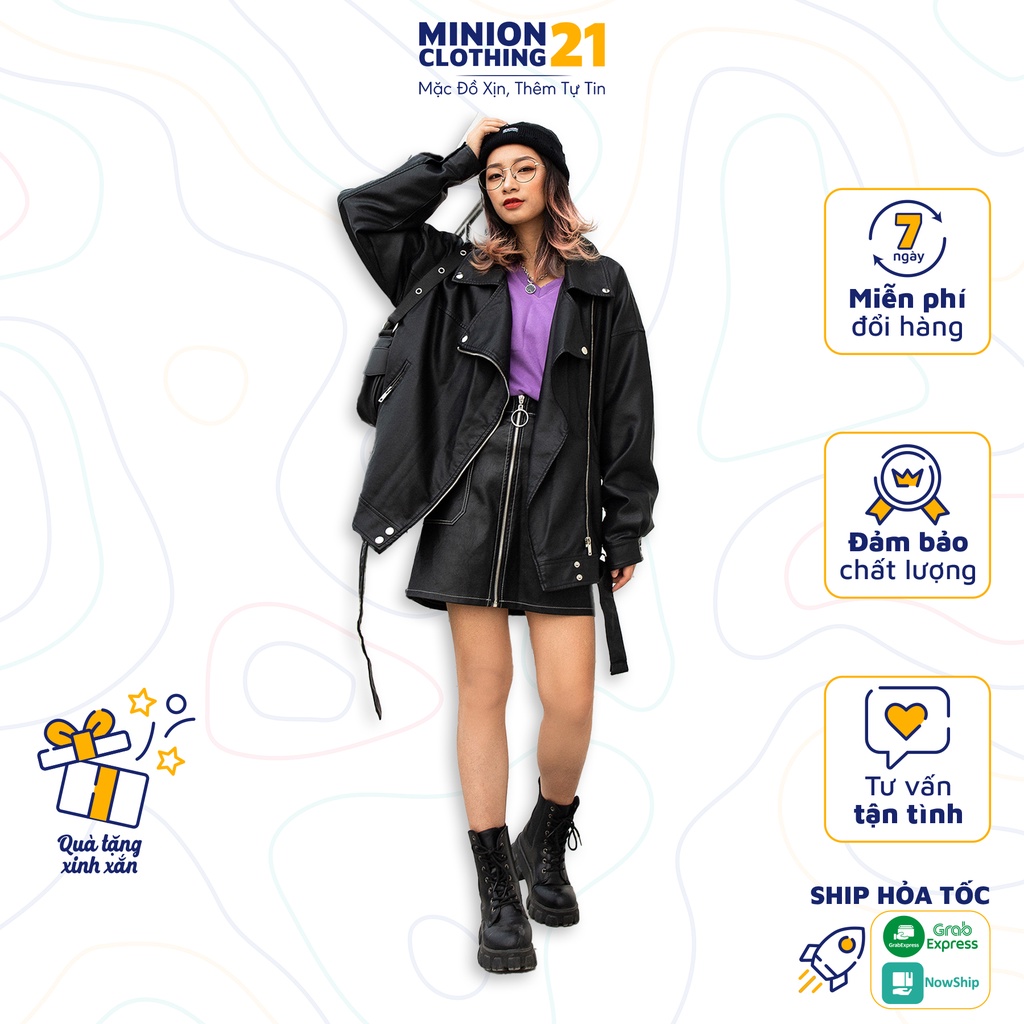 Áo khoác da MINION CLOTHING có đai jacket leather Ulzzang Streetwear Hàn Quốc 2 lớp dày dặn không bong chóc A2814