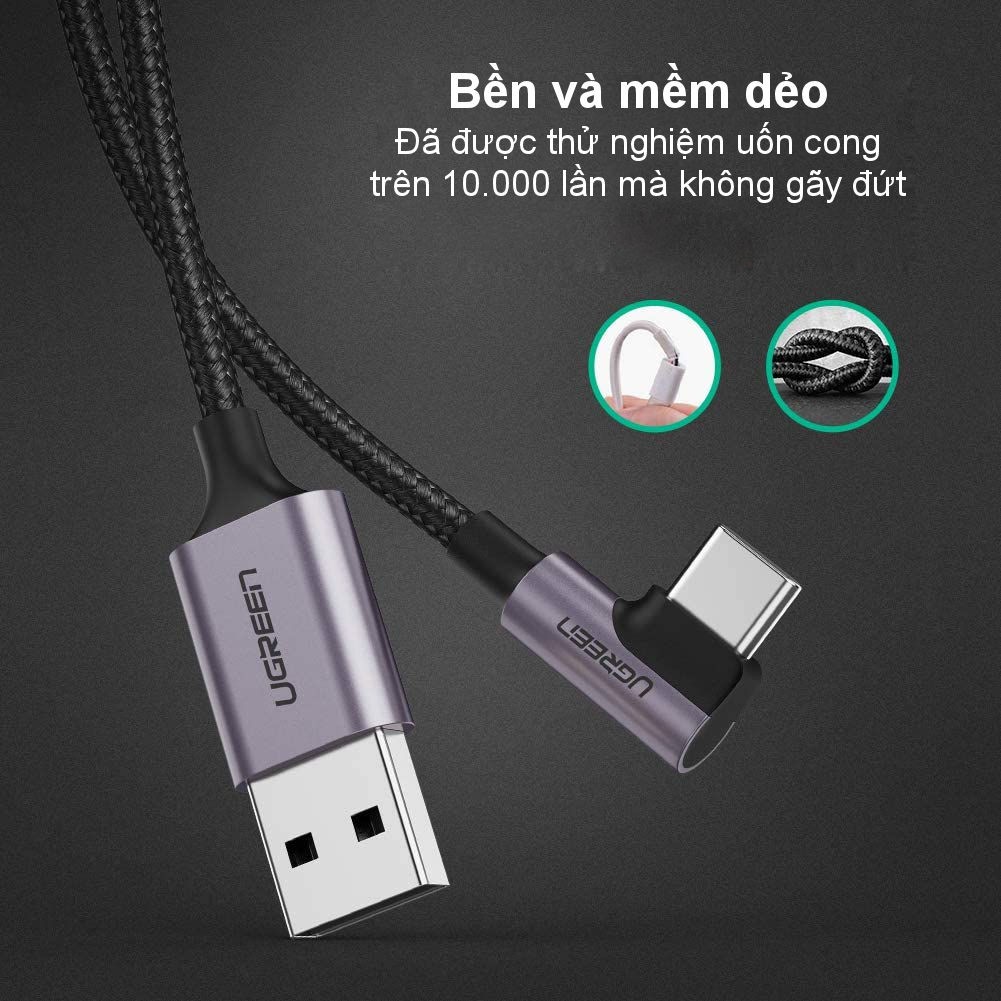 Cáp sạc và truyền dữ liệu dài 1-2m UGREEN US284 USB 2.0 sang USB type C, đầu vuông góc, vỏ bện nylon