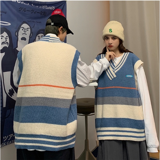 áo sweater nam form rộng cổ chữ V màu năng động thời trang unisex áo vest áo len nam hàn quốc