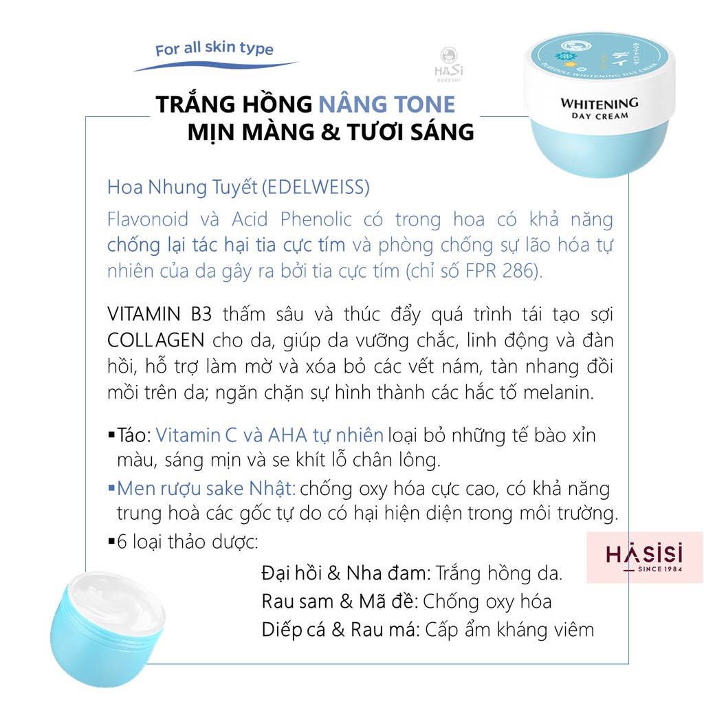 Kem Dưỡng Trắng Da Ban Ngày Chiết Xuất Collagen &amp; Hoa Nhung Tuyết HASI KOKESHI PUREDOLL WHITENING DAY CREAM 30g