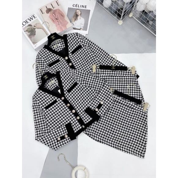 VNC Set Đồ Nữ Ms.8922 Áo Khoác Dạ Dáng Ngắn Phối Cúc Đồng Kèm Chân Váy Chữ A Bên, Họa Tiết Ziczac Chất Dạ Tech