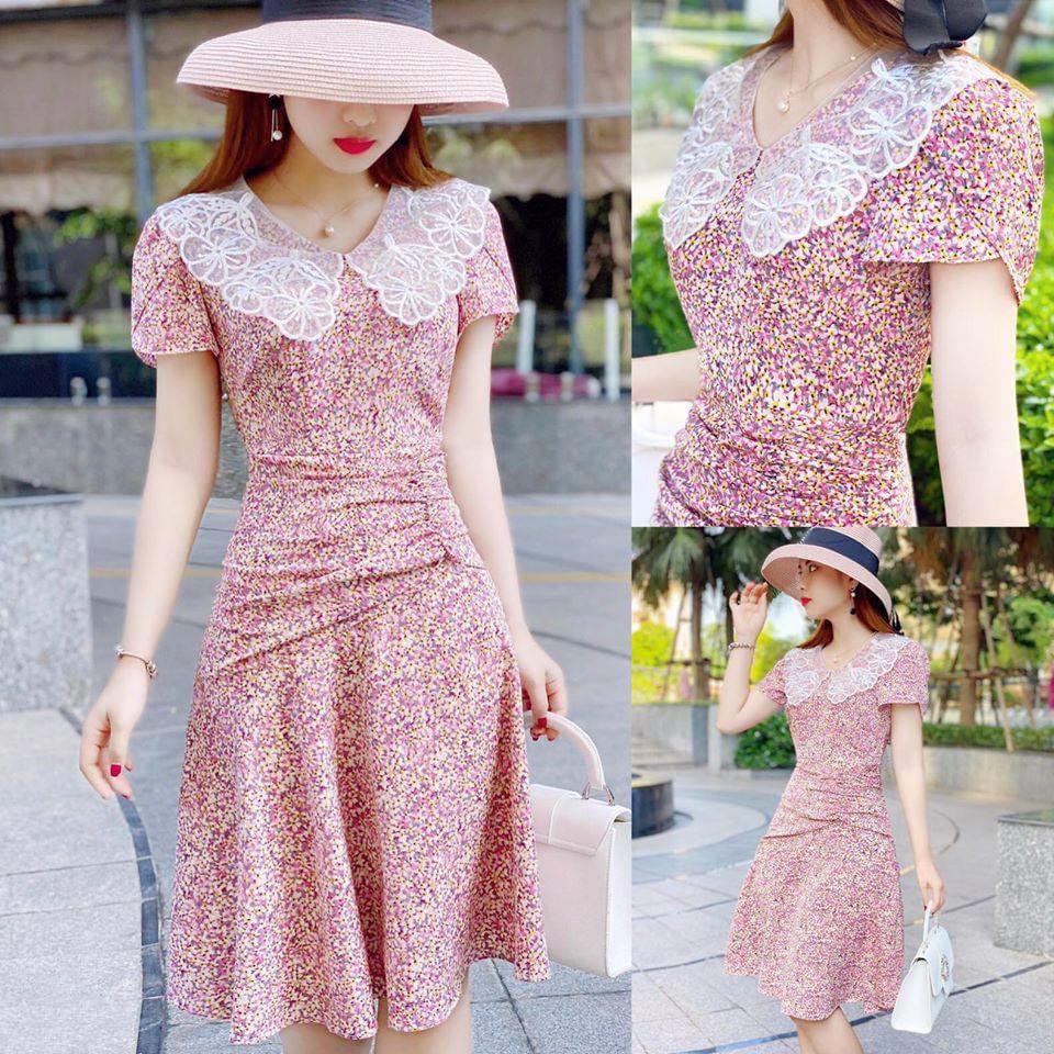 Váy hoa nhí hồng xòe cổ ren trắng vnxk - HOA NHÍ HỒNG VINTAGE CÔNG SỞ THIẾT KẾ