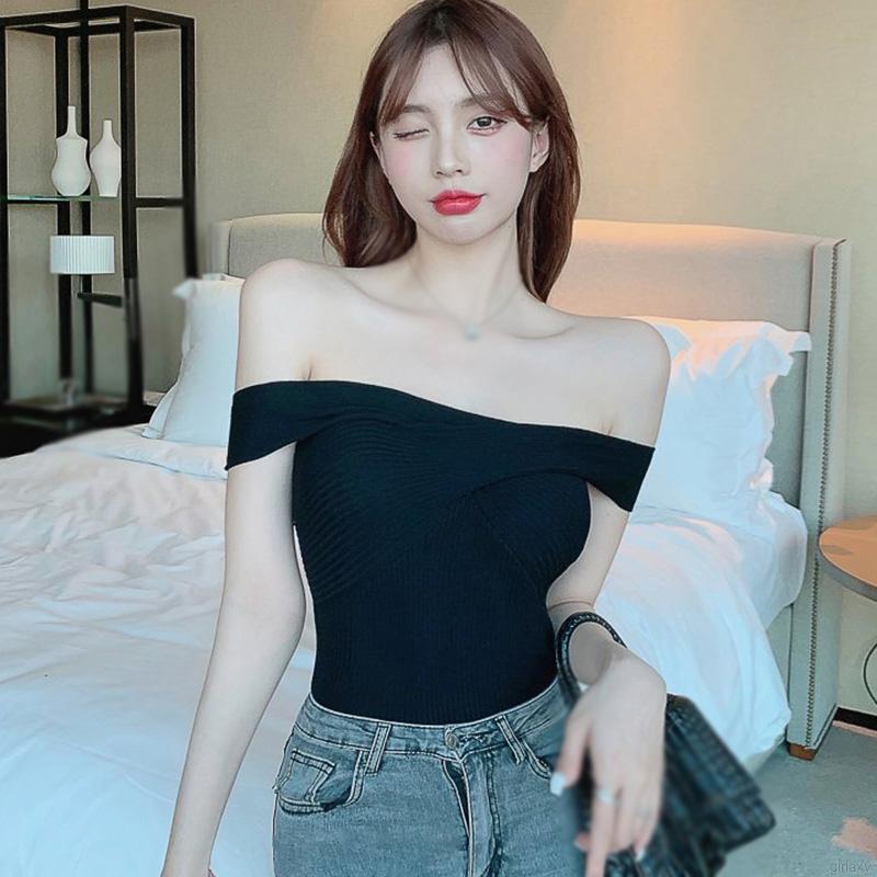 Áo kiểu trễ vai màu trơn dệt kim phong cách Hàn Quốc