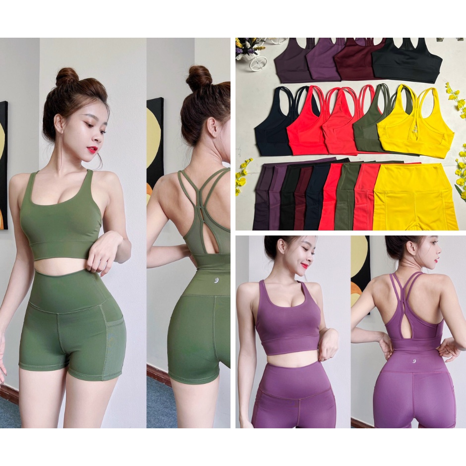 Set bộ đùi tập gym yoga erobic bơi lội nữ áo bra kèm mút quần đùi cạp cao túi phối lưới siêu xinh