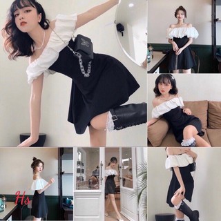 Váy Trễ Vai Phối Đen Trắng