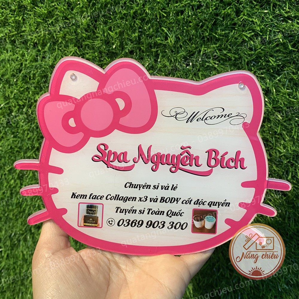 Bảng hiệu treo shop hình mèo hello kitty, đạo cụ chụp ảnh sản phẩm, chất liệu mika sáng bóng