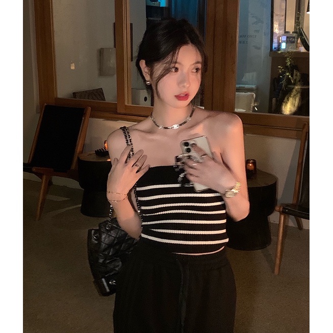 Xiaozhainv Áo Dệt Kim Hai Dây Kẻ Sọc Phong Cách Hàn Quốc Gợi Cảm Cho Nữ