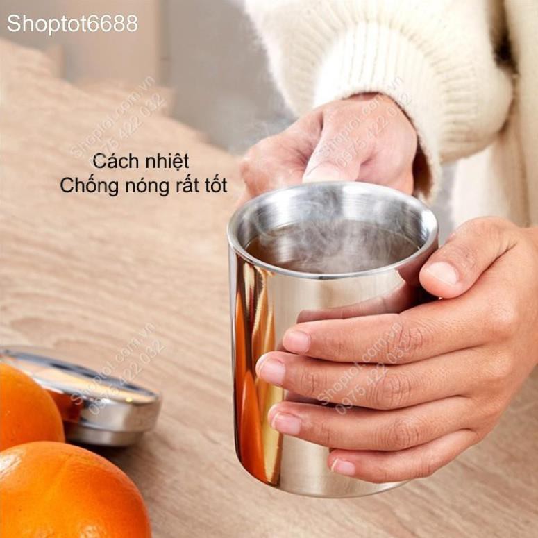 CỐC  BẰNG INOX 304 LOẠI 2 LỚP CHỐNG NÓNG 280ML, CÓ NẮP ĐẠY 2 LỚP
