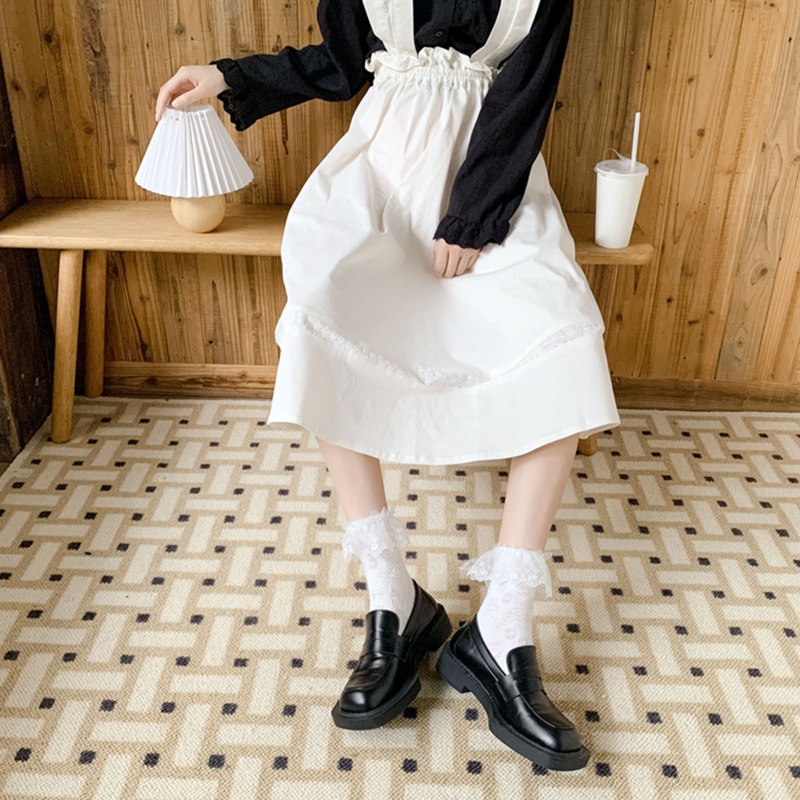 Xiangbao Vớ Cotton Cổ Thuyền Phối Ren Họa Tiết Hoa Viền Xếp Nếp Cho Nữ