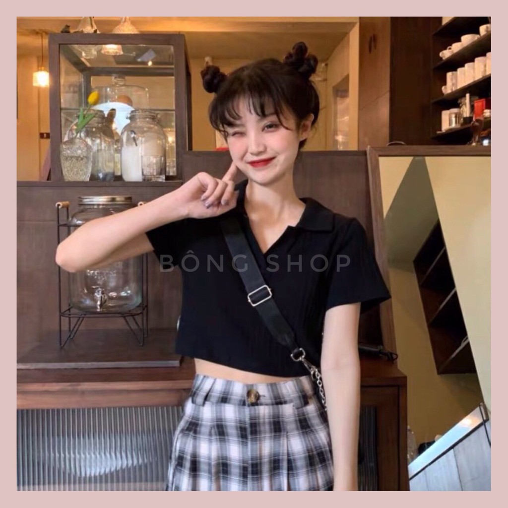 Áo croptop cổ bẻ tay ngắn kiểu cổ polo chất thun lạnh