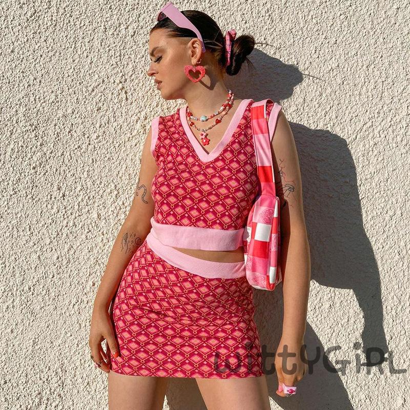 Set áo croptop không tay cổ chữ V + chân váy ngắn kẻ sọc caro màu đỏ/xanh dương size S/M/L thời trang mùa hè cho nữ