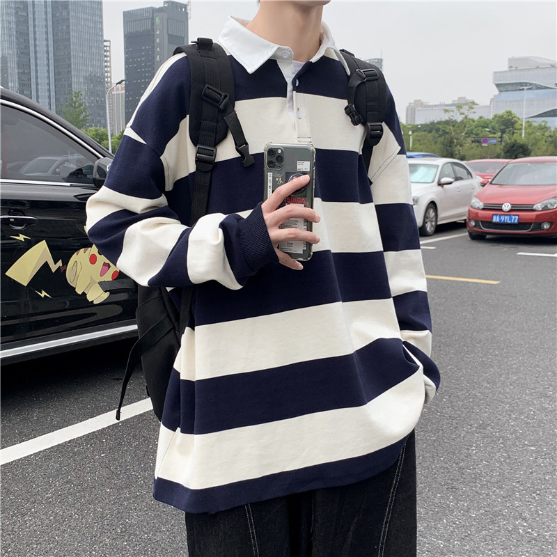 Áo Thun polo Tay Dài Dáng Rộng Kẻ Sọc S-3XL Phong Cách Hàn Quốc Thời Trang Xuân Thu Cho Nam