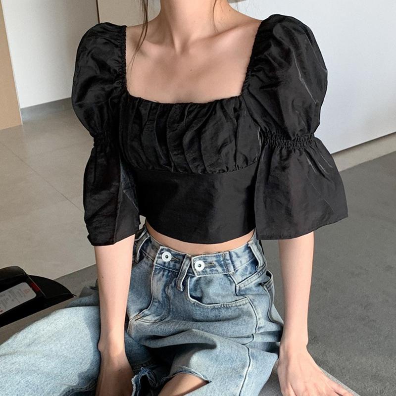 Áo kiểu croptop cổ vuông tay ngắn thiết kế dây đan chéo thắt nơ sau lưng màu trơn phong cách Hàn Quốc retro cho nữ