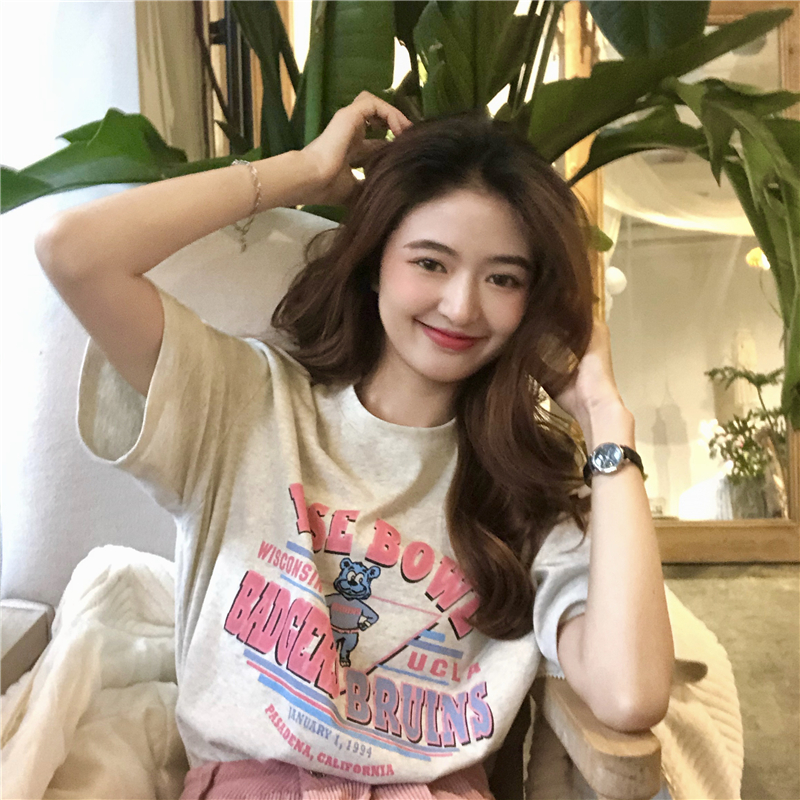 Áo thun tay ngắn cổ tròn phong cách thời trang Hàn Quốc