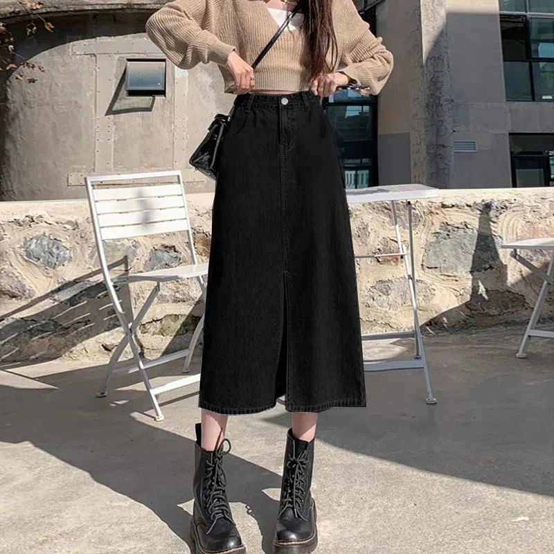 Chân váy jean Dài Dáng Chữ A Lưng Cao Màu Đen Xẻ Tà Thời Trang Mùa Thu Cho Nữ