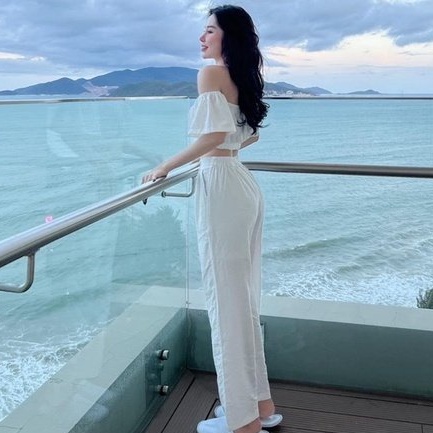 Quần ống rộng nữ cạp chun sau khoá trước lưng thun khuy cài dáng dài có túi co giãn - Quần đũi dài nữ ống rộng màu trắng