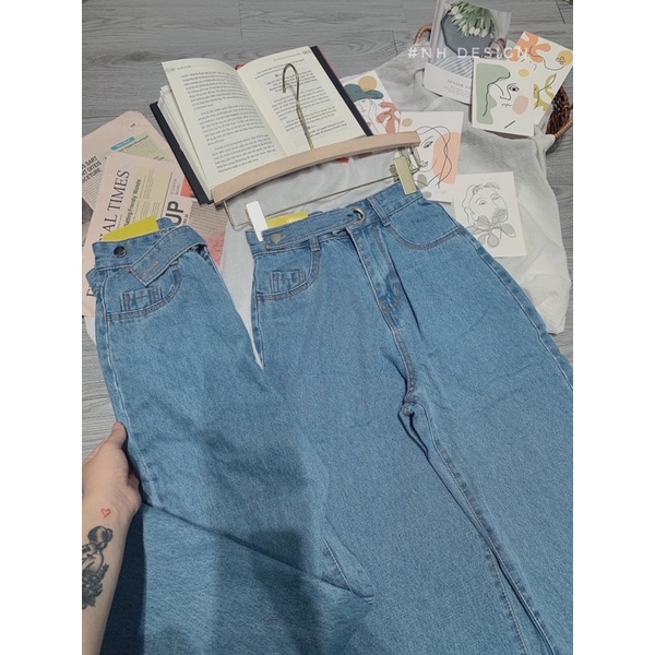 Quần jeans xuông cài đai trơn cạp siêu cao