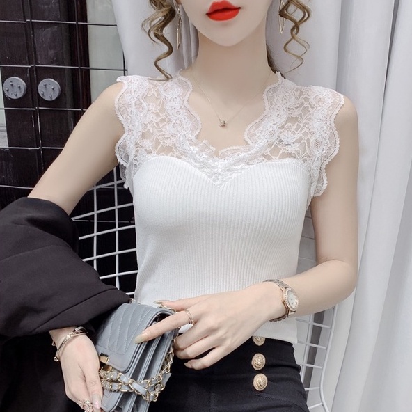 Áo Dệt Kim Sát Nách Cổ Chữ V Phối Ren Quyến Rũ Hợp Thời Trang
