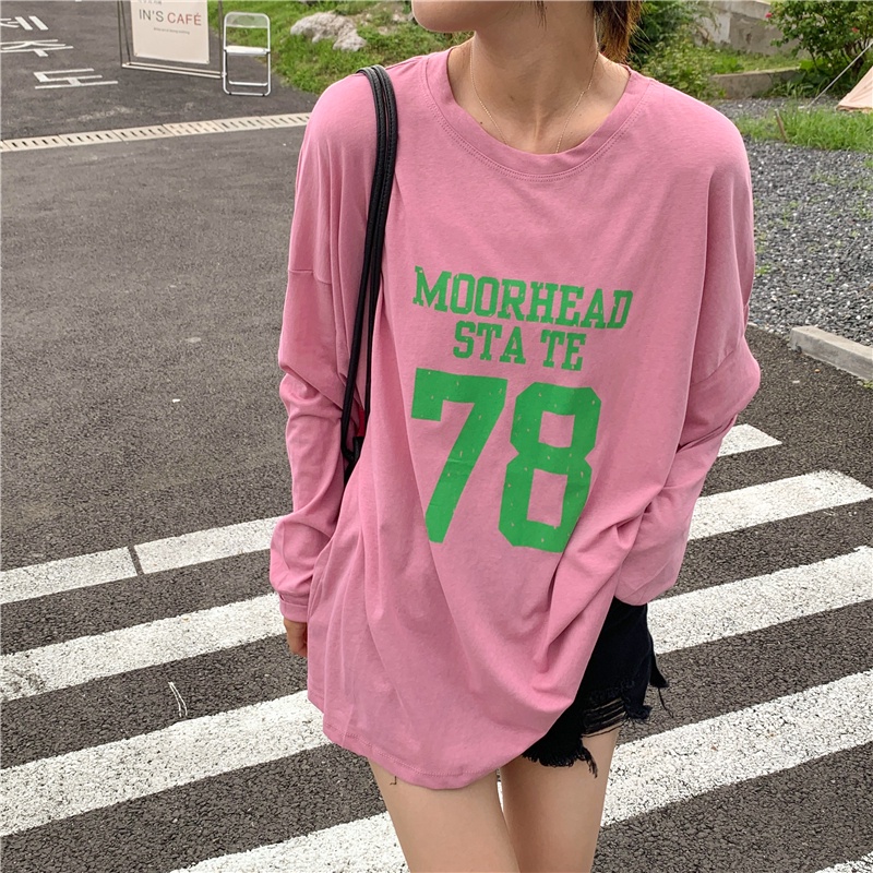 SUXI Áo Thun Tay Dài Cổ Tròn Dáng Rộng In Chữ Thời Trang Mùa Hè Xinh Xắn Cho Nữ