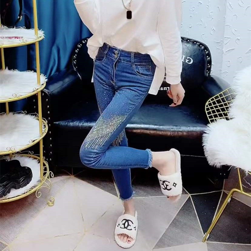 European station 2022 Spring and Autumn new large-size high-waisted jeans female heavy industry hot drill shows a hundred points of skinny trousers